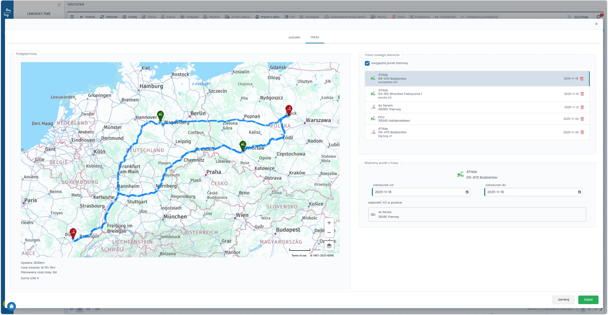 Mapa Europy w Linkway TMS z wyznaczoną trasą Polska-Hiszpania, pinezkami punktów i panelem szczegółów trasy