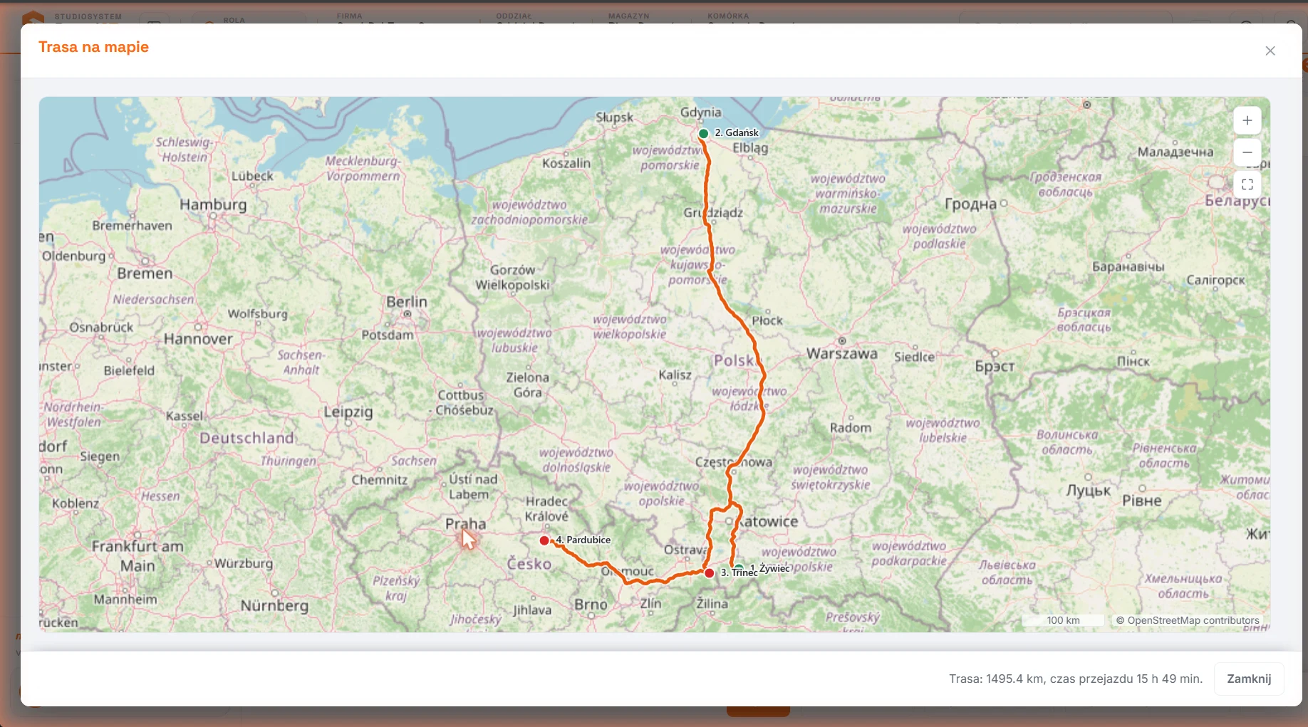 Mapa trasy zlecenia z wyliczonym dystansem i czasem przejazdu