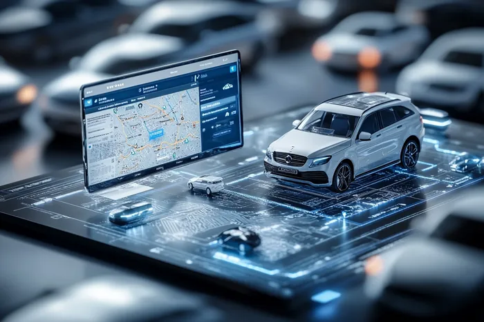 Tablet z mapą i makieta samochodu osobowego na powierzchni w stylu płytki drukowanej