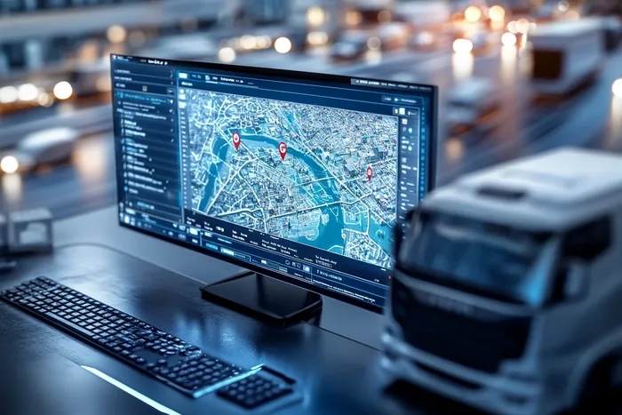 Tablet z mapą oparty przy makiecie ciężarówki