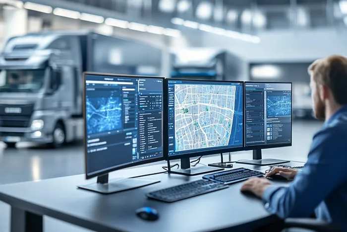 Spedytor przy trzech monitorach z mapą